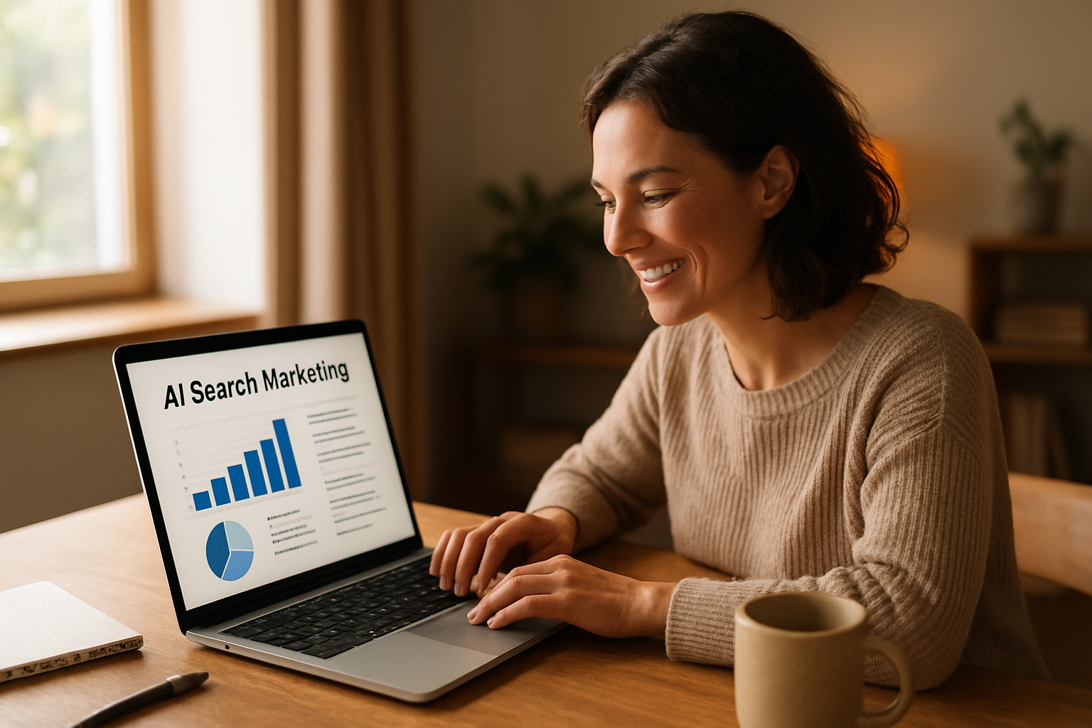 Small business owner reviewing an AI search marketing automation report on a laptop