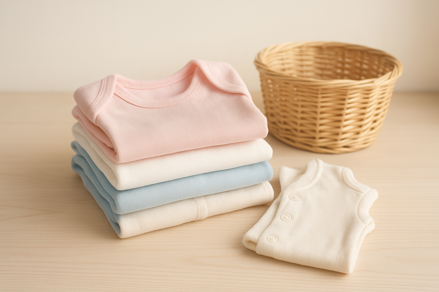 Curated baby clothes rental service bundle with onesies and sleepers on a wooden surface