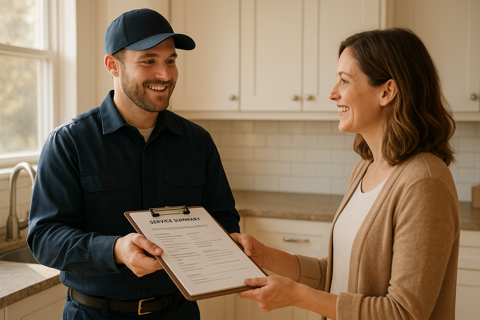Technician explaining repair findings to a homeowner in a Santa Rosa kitchen