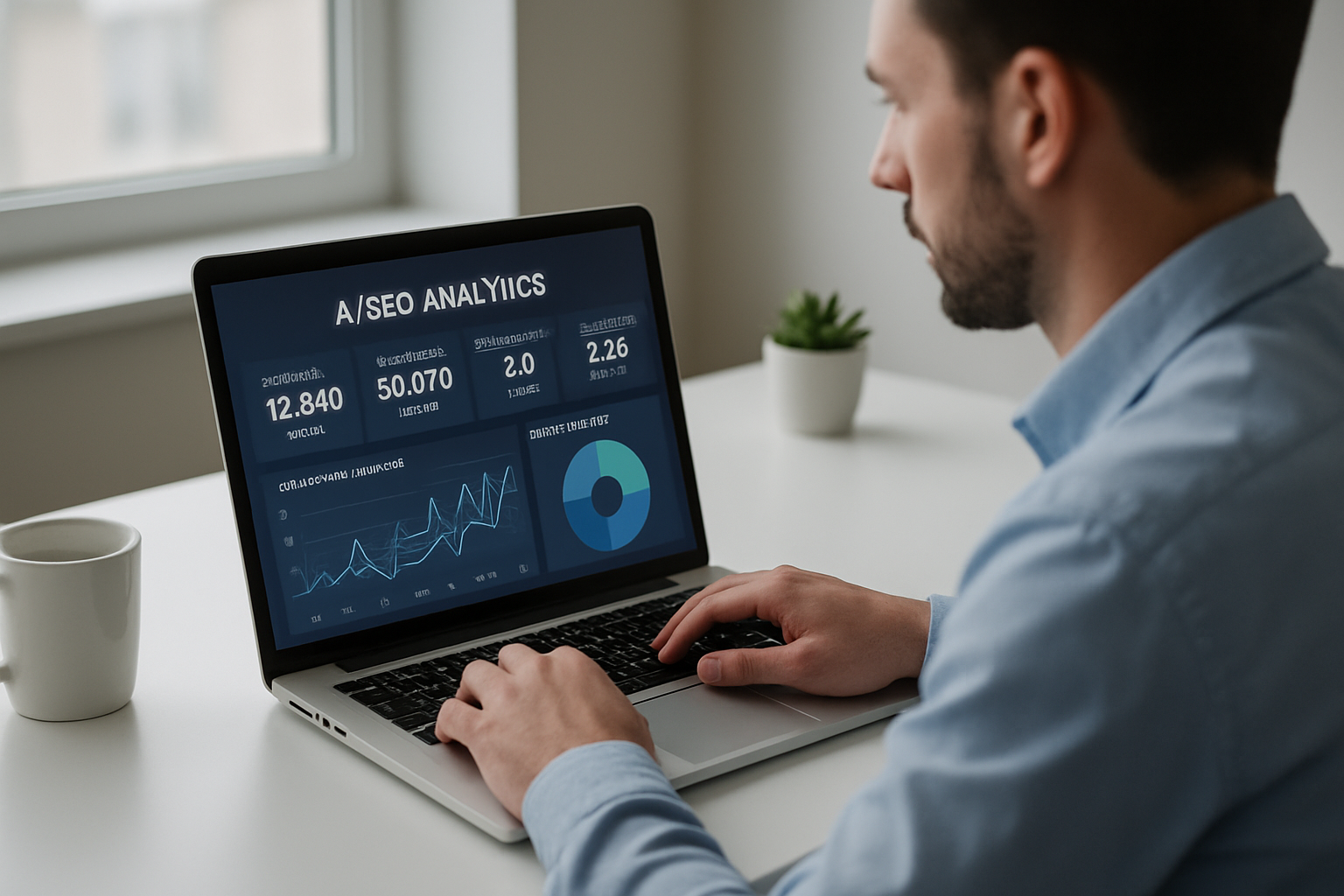 Marketer reviewing an AI-powered SEO analytics dashboard on a laptop screen