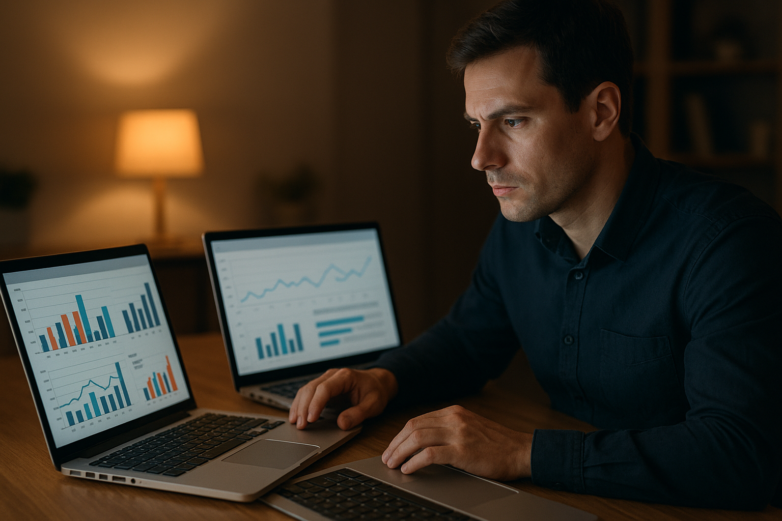 Marketer comparing AI-powered SEO automation platforms on multiple screens