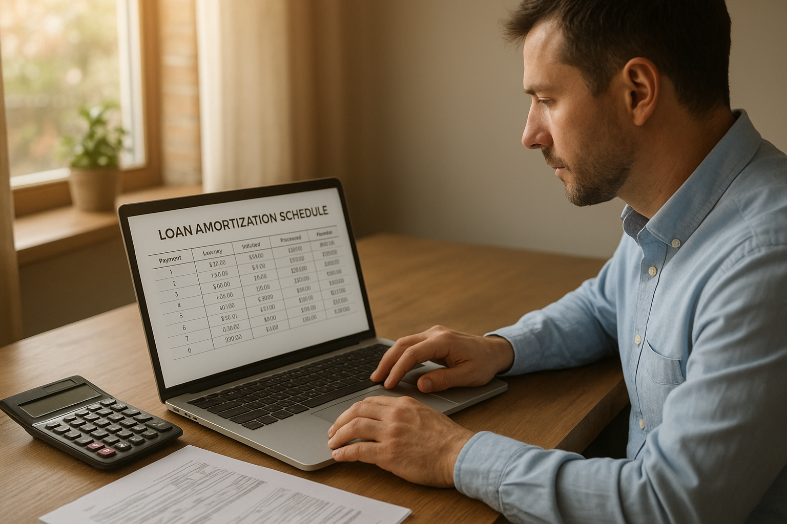 Business owner reviewing an SBA loan payment schedule on a laptop