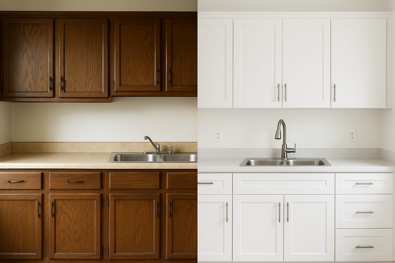 Before and after comparison of refaced kitchen cabinets in a Cincinnati home