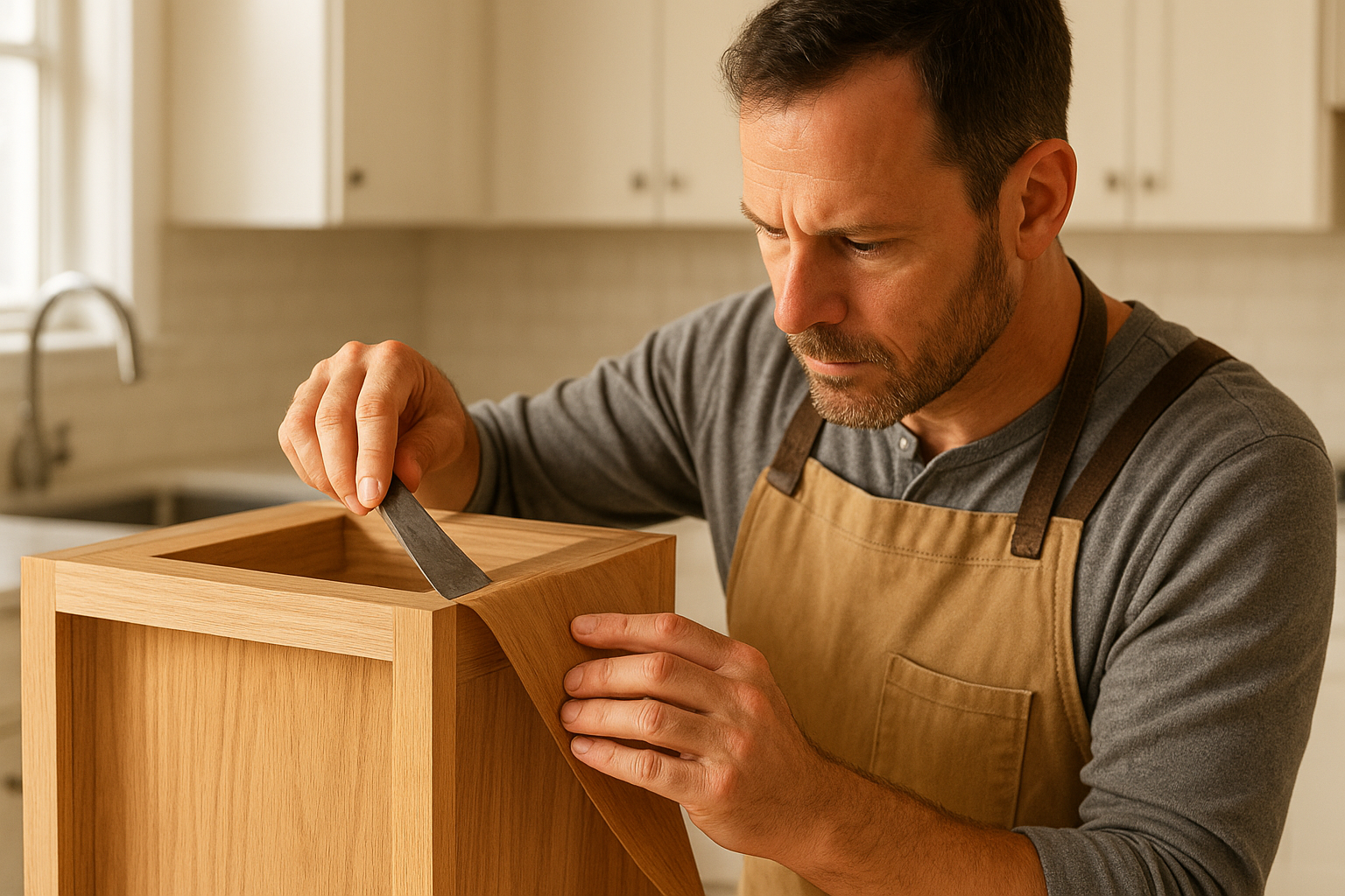 Professional craftsman applying cabinet refacing veneer during a Cincinnati cabinet services project