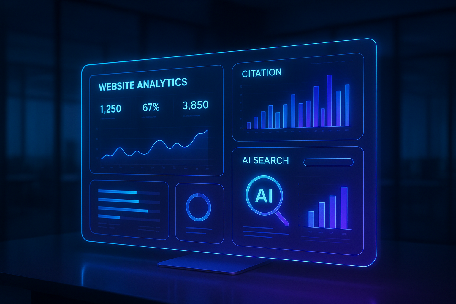 Futuristic analytics dashboard showing AI citation metrics and search performance data