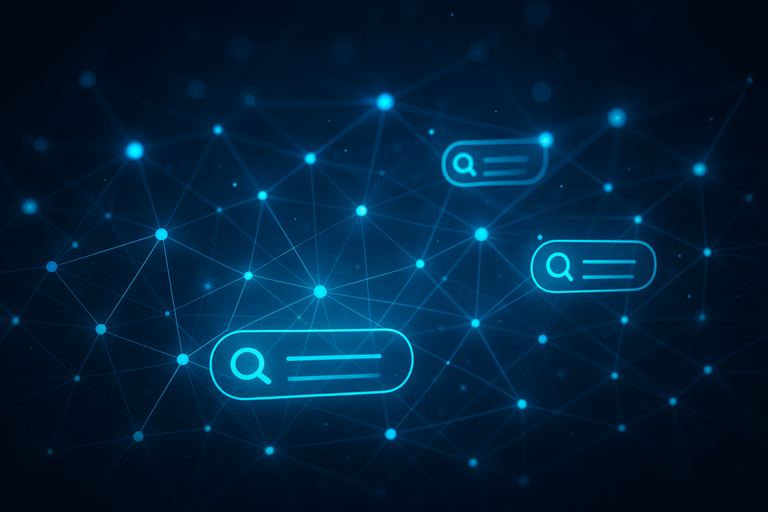 Abstract illustration of AI-powered keyword semantic network with glowing connected nodes