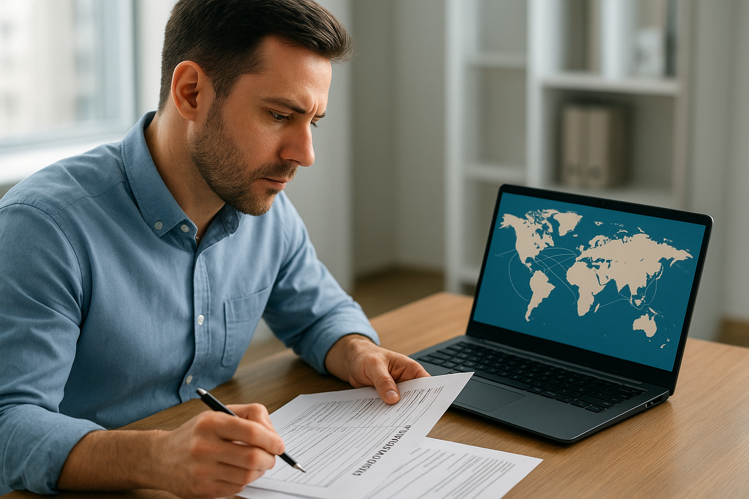 Logistics coordinator reviewing international ocean freight documentation