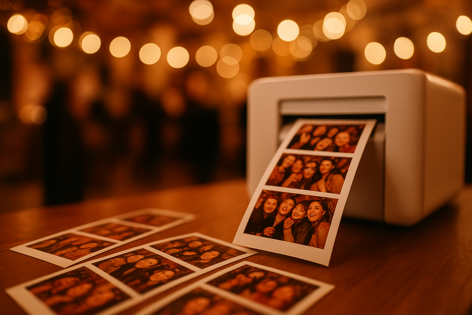 Freshly printed photo booth strips displayed at a corporate event photo station