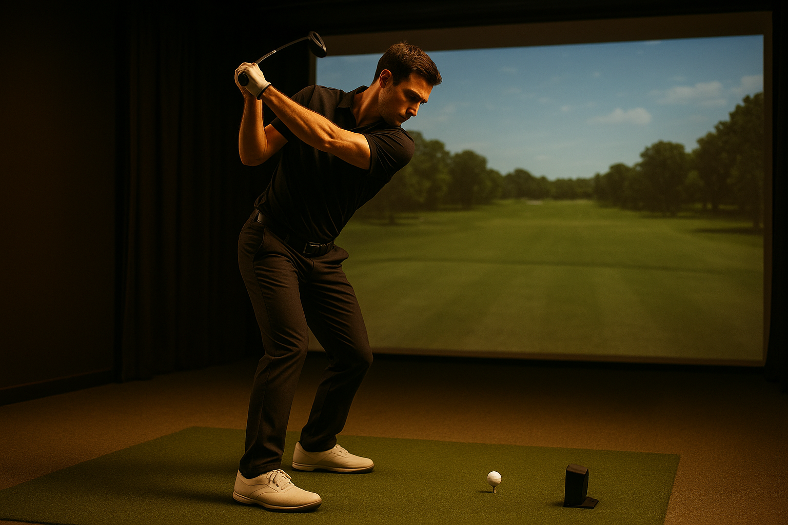 Golfer using a launch monitor to measure golf swing power gains during a training session
