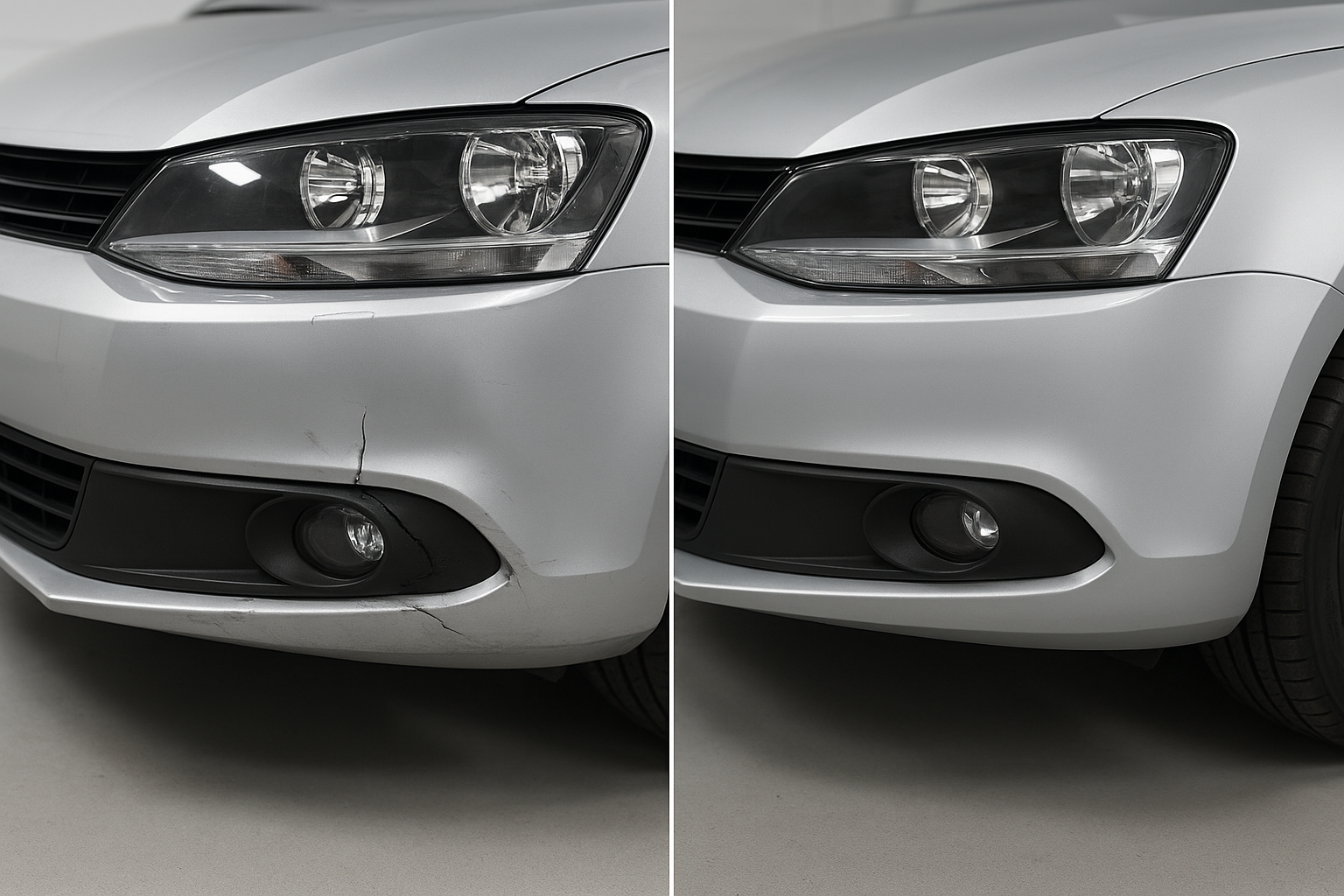 Before and after comparison of a repaired car bumper showing paint matching results