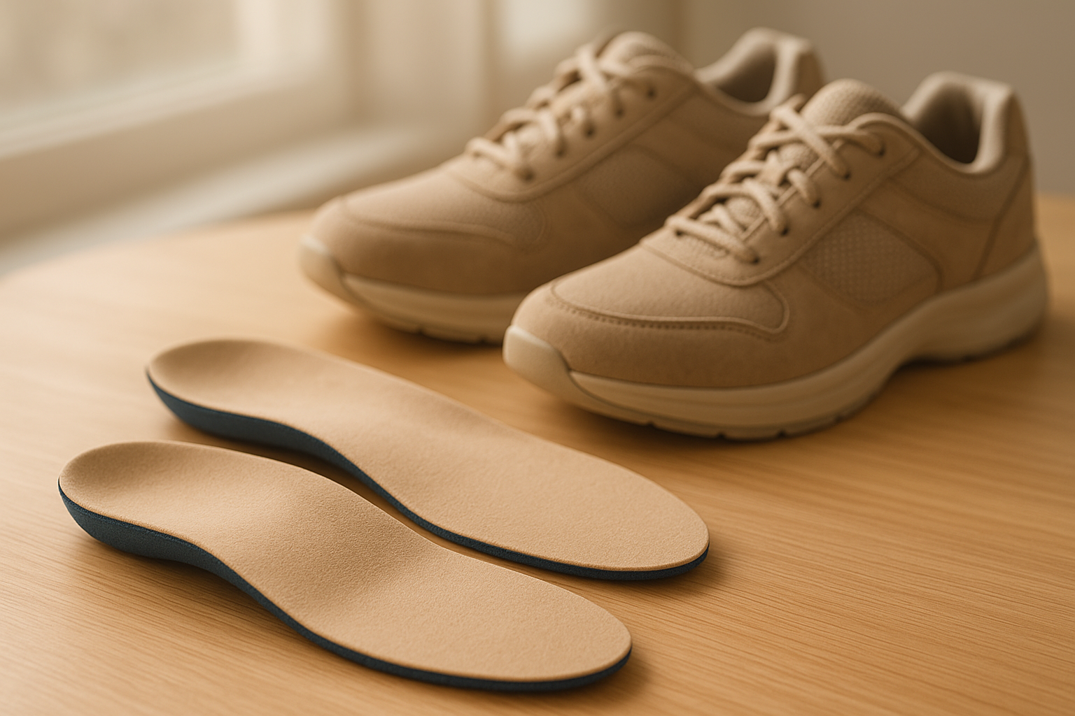 Custom orthotic solutions for seniors displayed next to supportive walking shoes on a wooden surface
