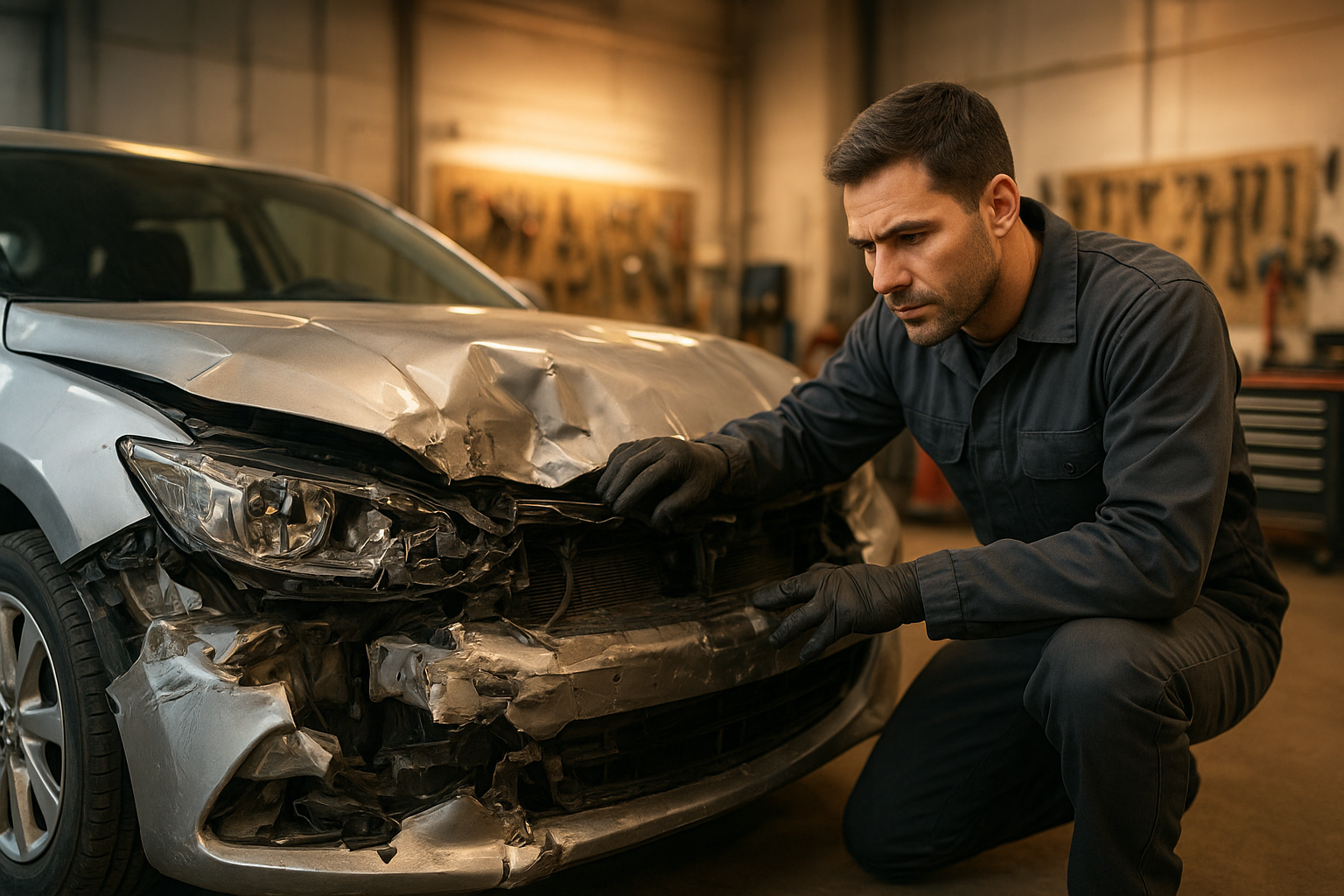Auto body technician inspecting collision damage on a silver sedan during collision repair in Fullerton