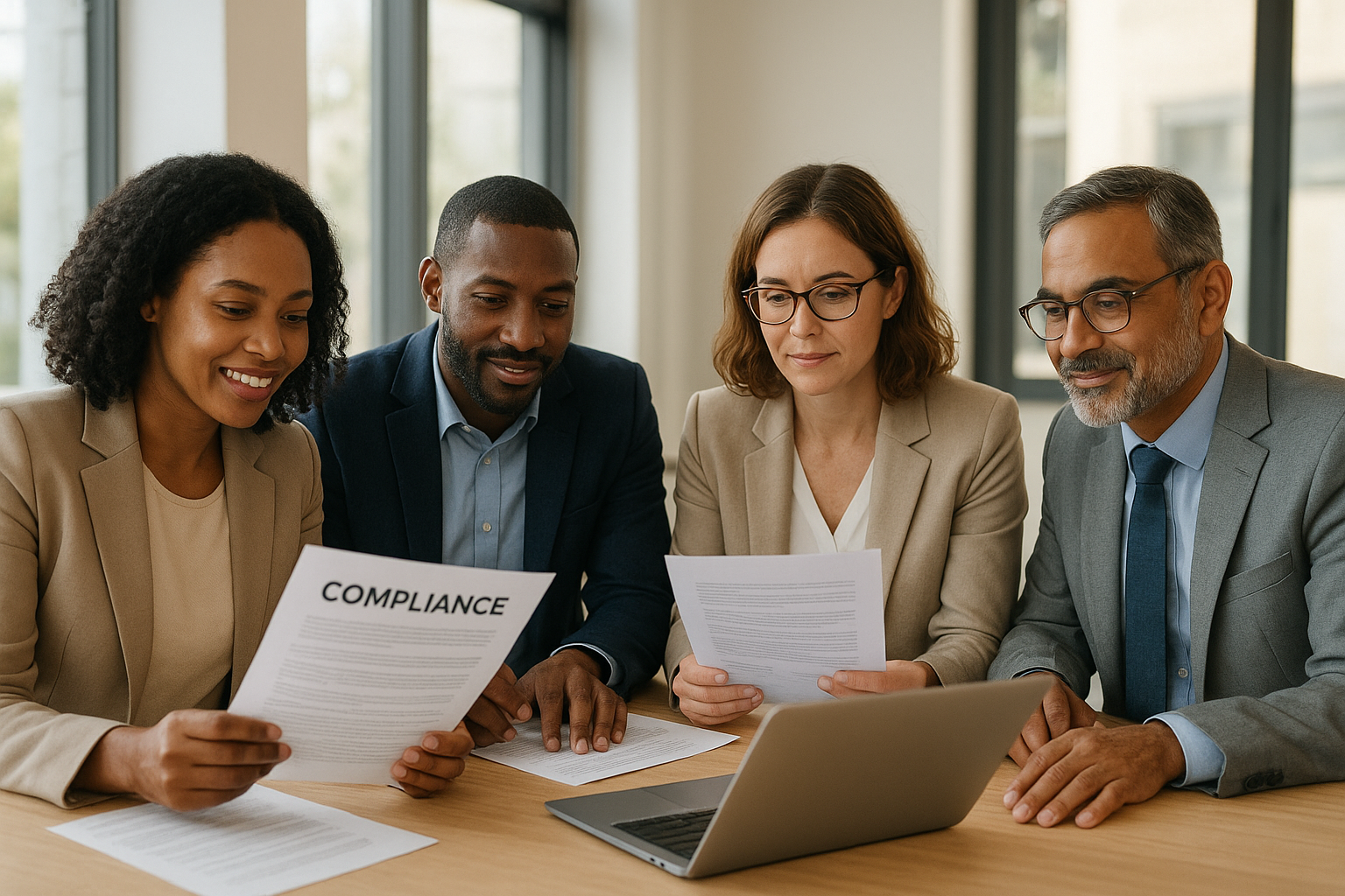 HR professionals reviewing HR compliance best practices documents in an office