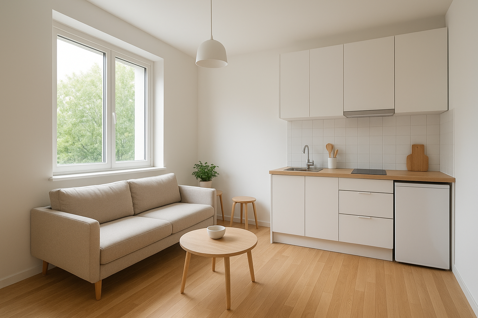 Finished interior of a garage conversion ADU with kitchenette and natural light