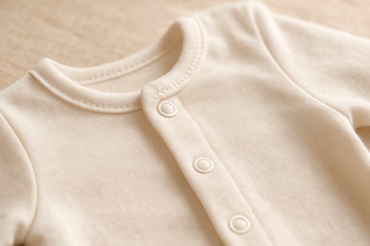 soft organic cotton fabric of a newborn baby onesie showing texture and snap buttons
