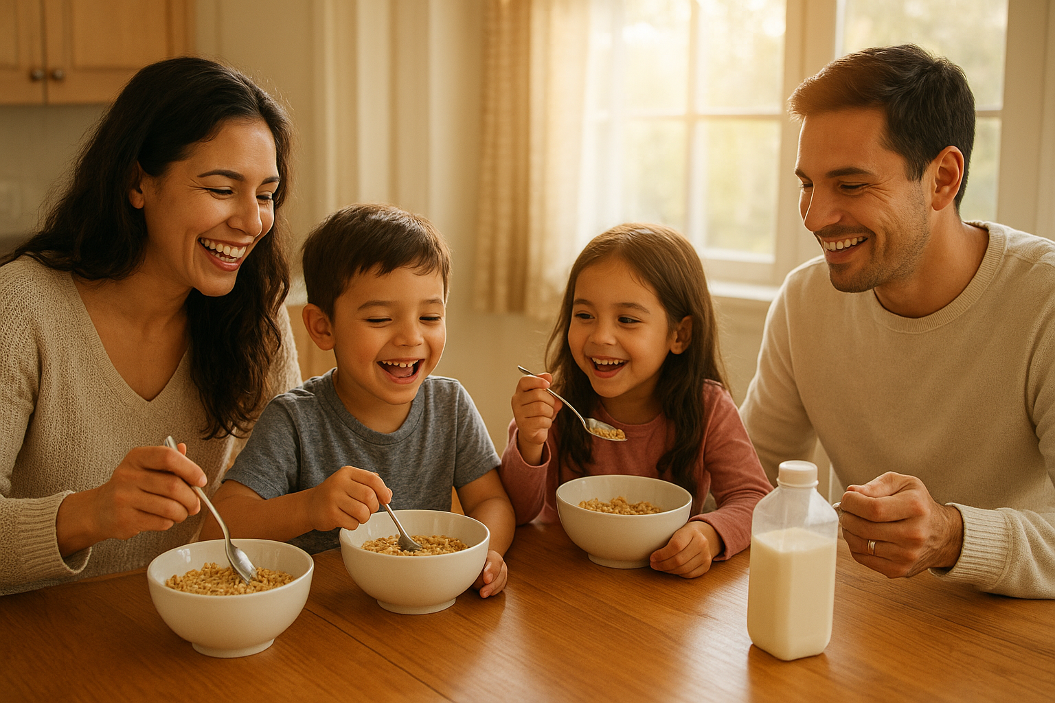 Family eating breakfast cereal together at a sunlit kitchen table