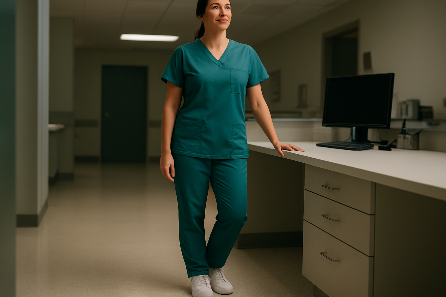 Nurse wearing supportive footwear with custom orthotics during a long standing shift
