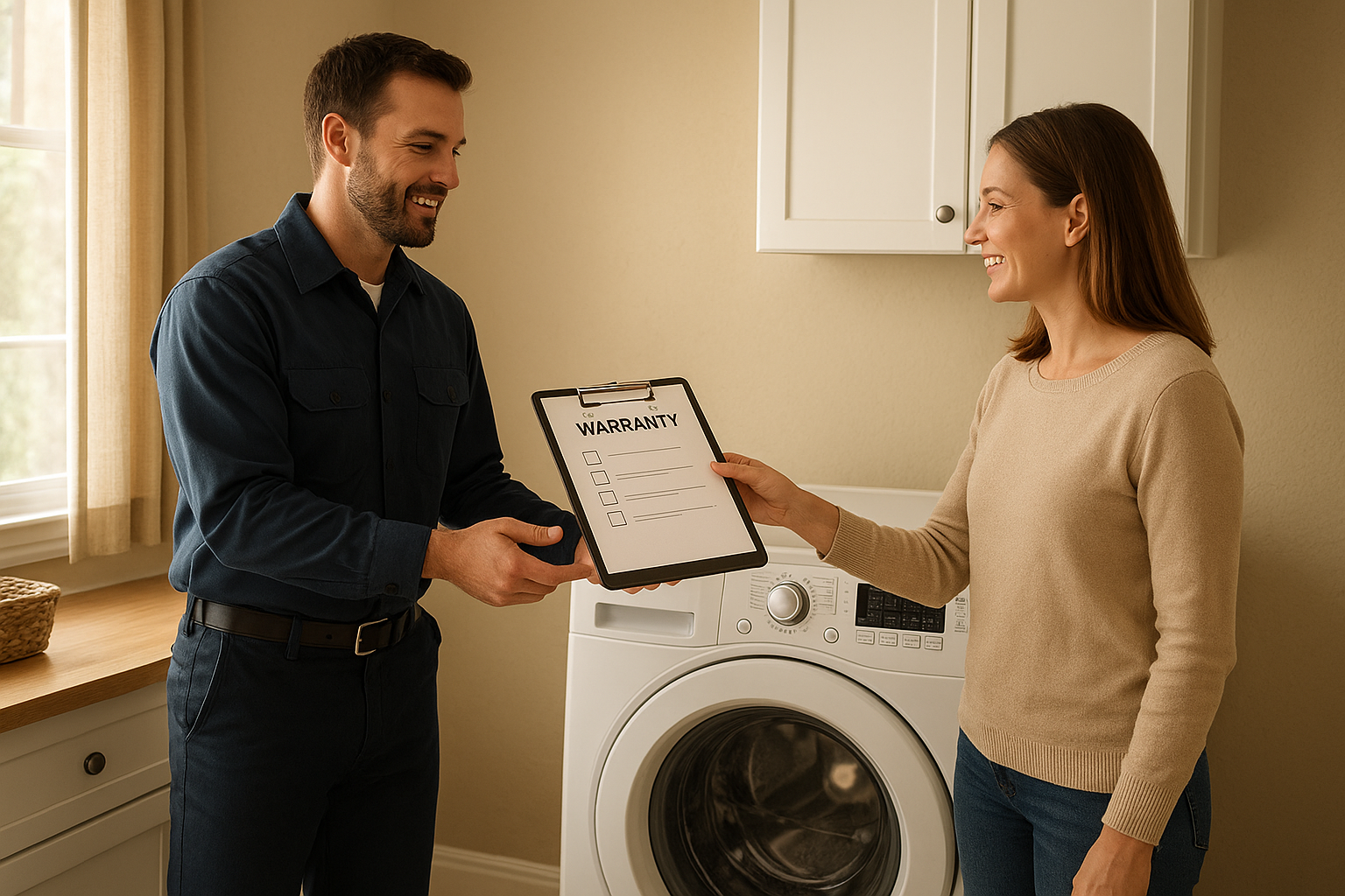 Technician reviewing warranty paperwork with a homeowner after finishing an appliance install near me appointment