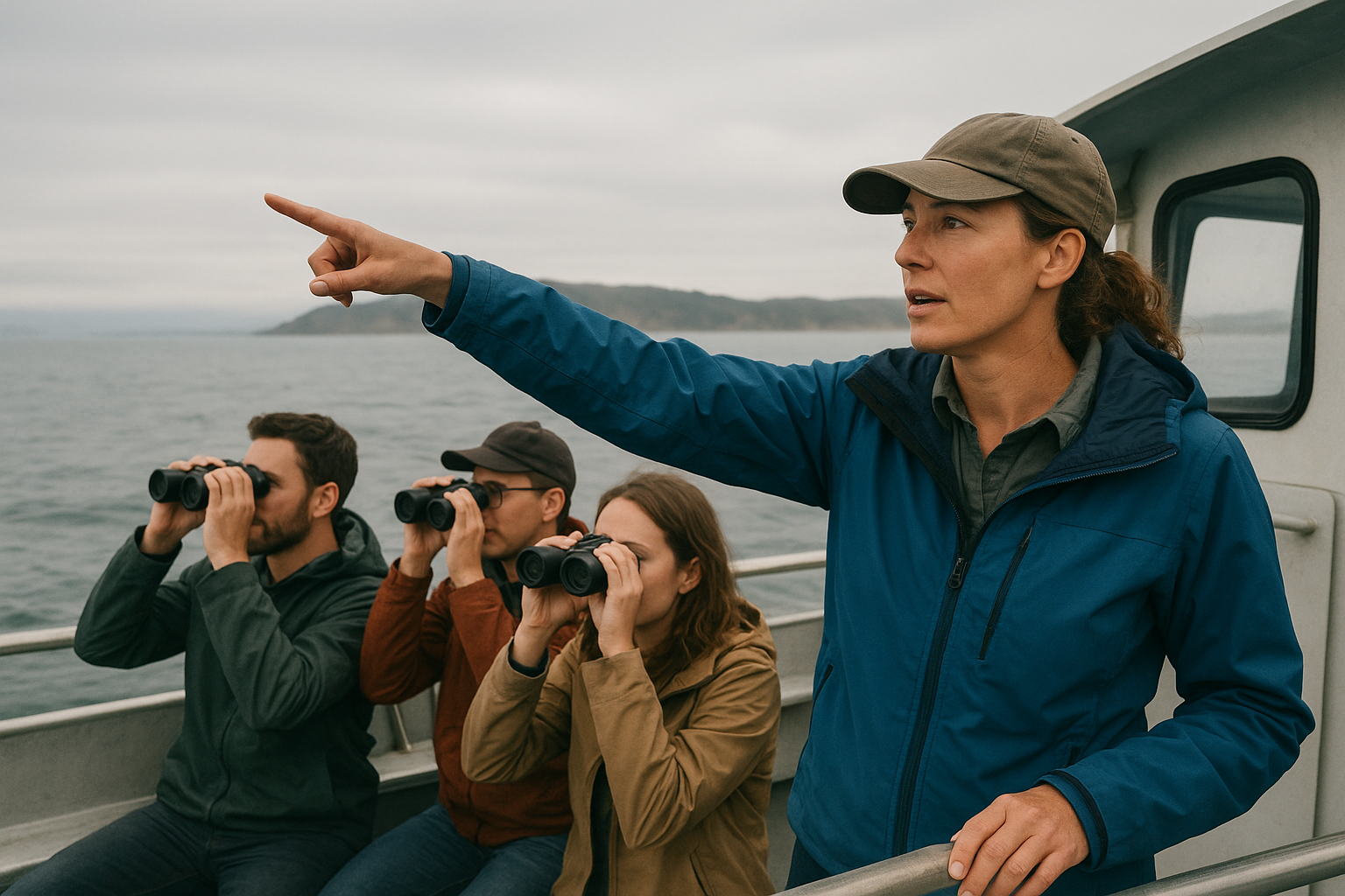 Marine biologist naturalist guiding guests during a whale watching expedition