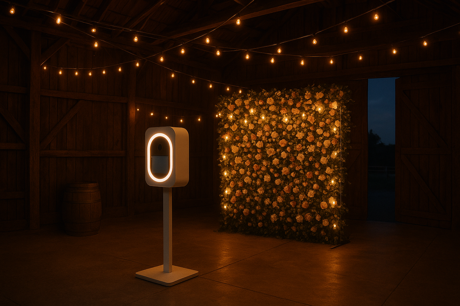 Photo booth rental setup with string lights for an event near New Harmony Indiana