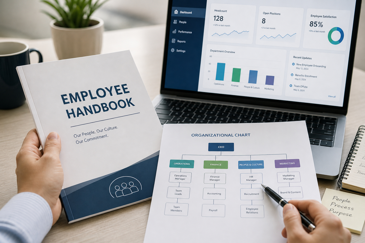 HR consultant reviewing policies and organizational structure for a growing company