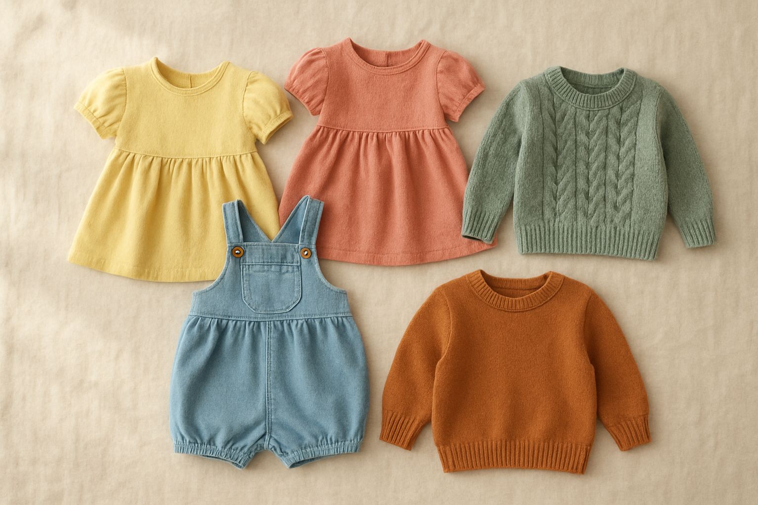 Curated children's fashion rental subscription clothing bundle laid out on a cream background