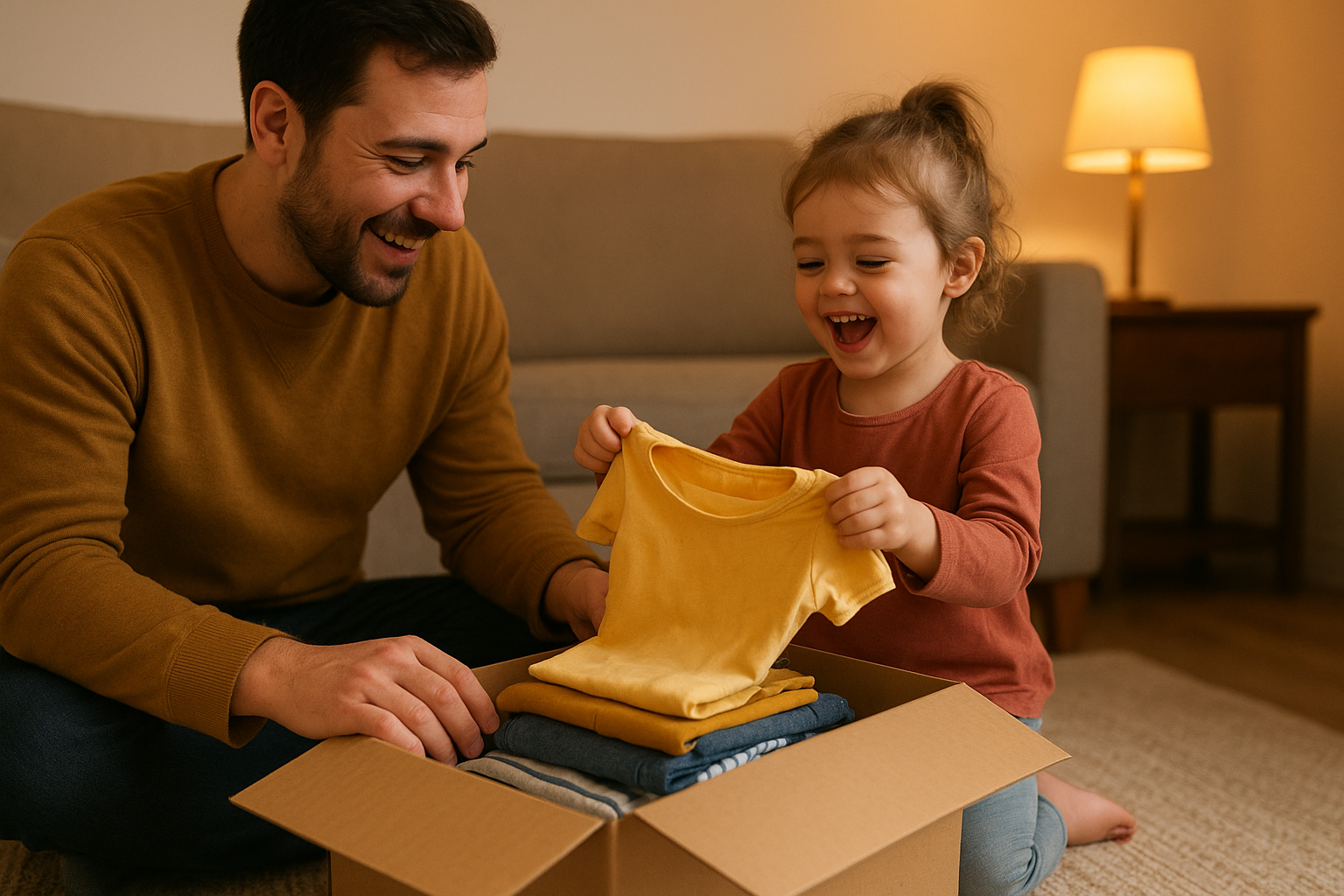 Parent and child unboxing a children's clothing rental delivery at home