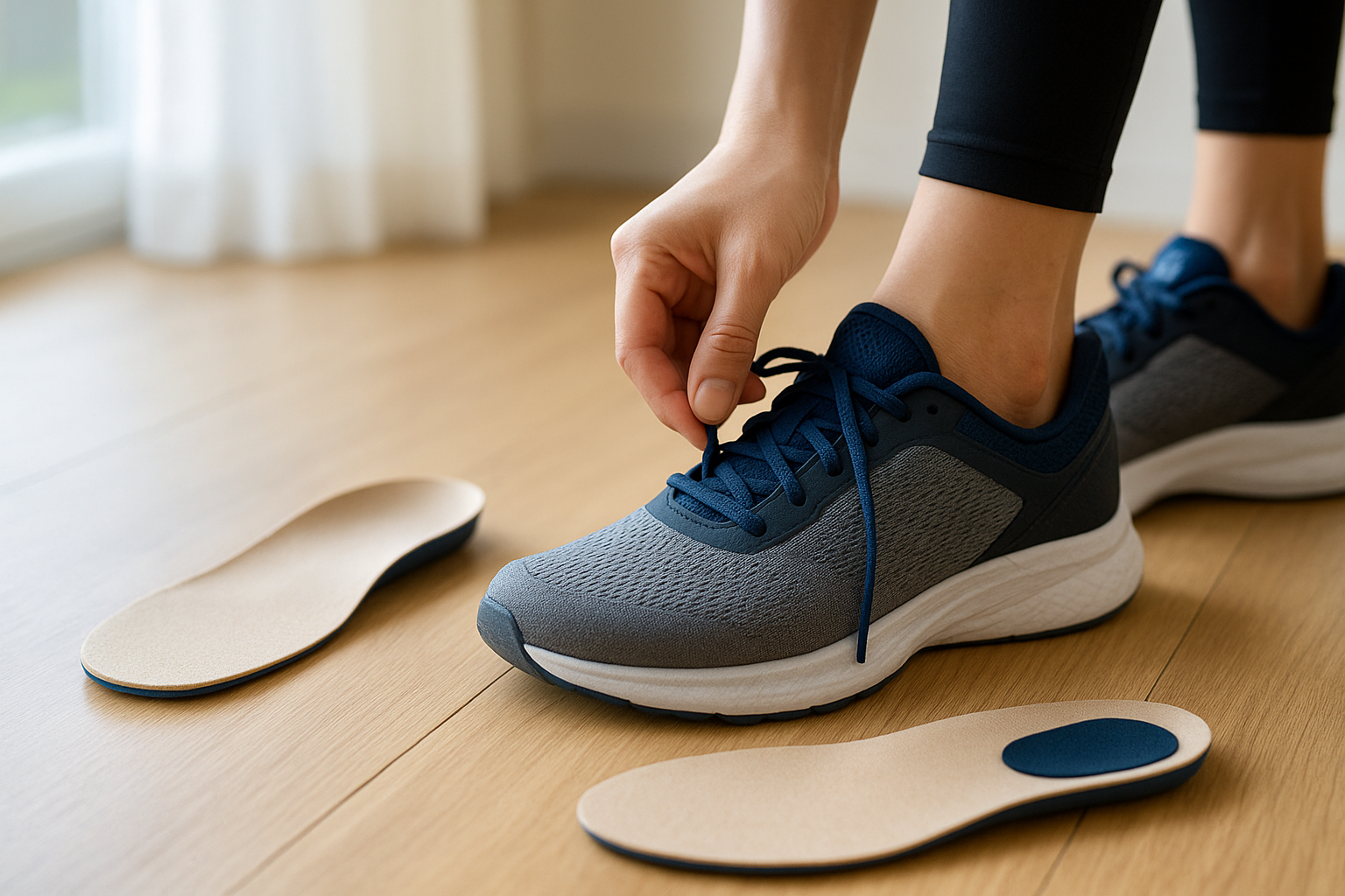 Person fitting high-performance custom orthotics into athletic shoes before wearing them