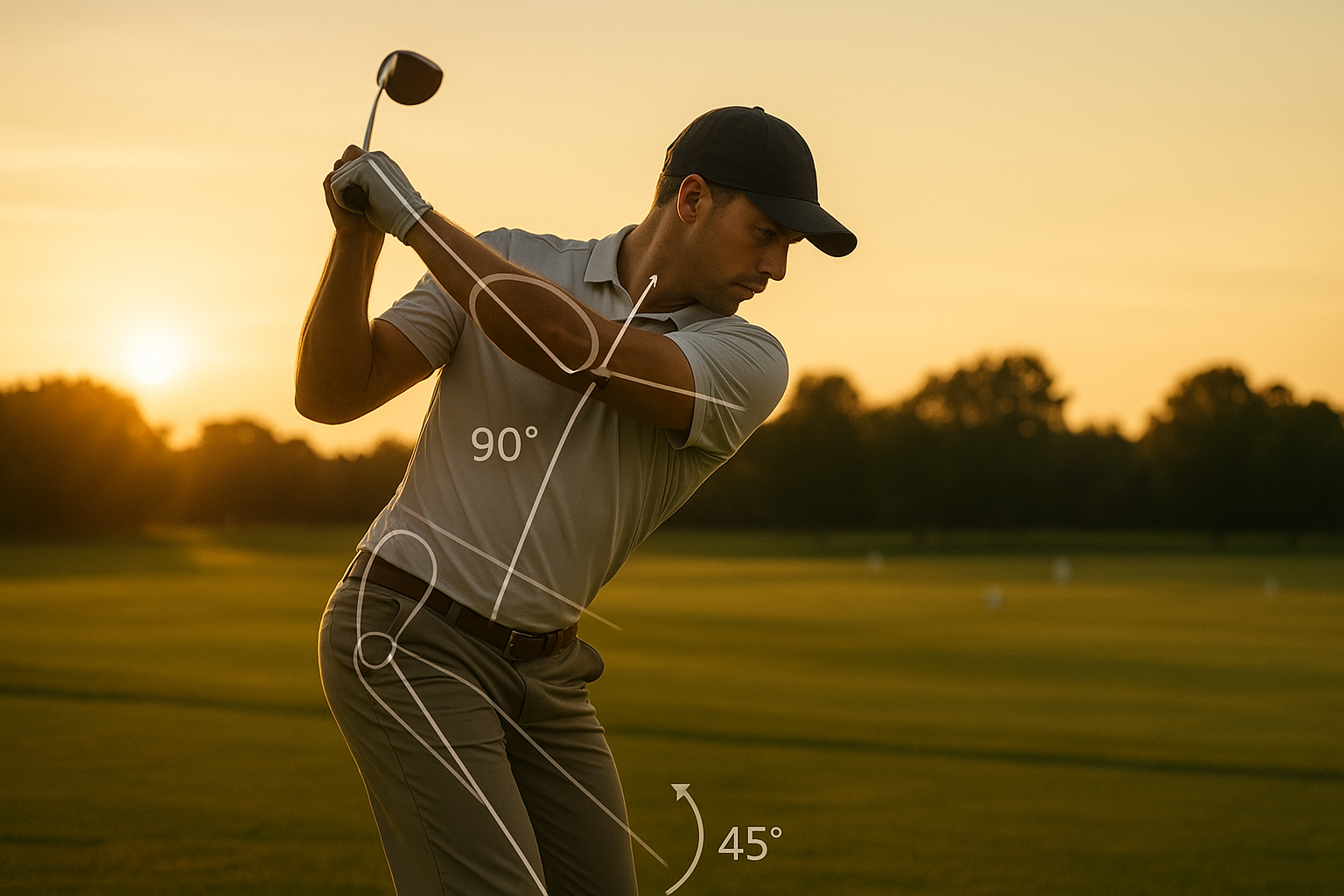 Golfer mid-swing with biomechanical angle overlays illustrating kinesiology based golf lessons