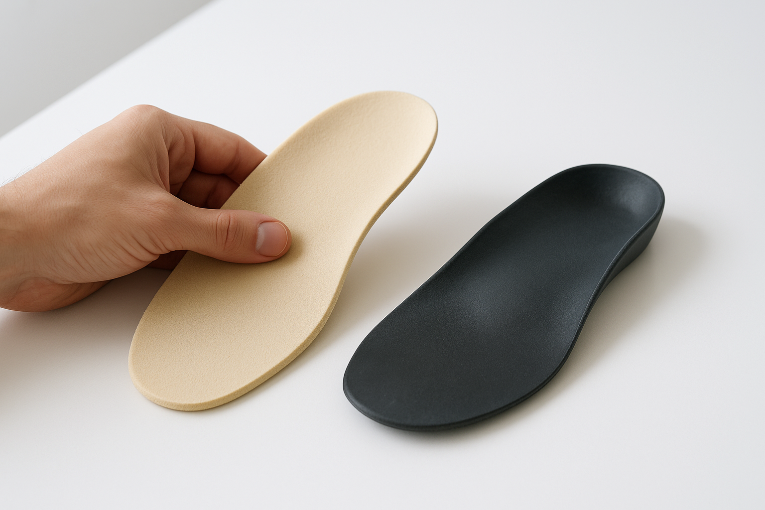 Hand comparing a flexible foam insole with a firmer custom orthotic shell