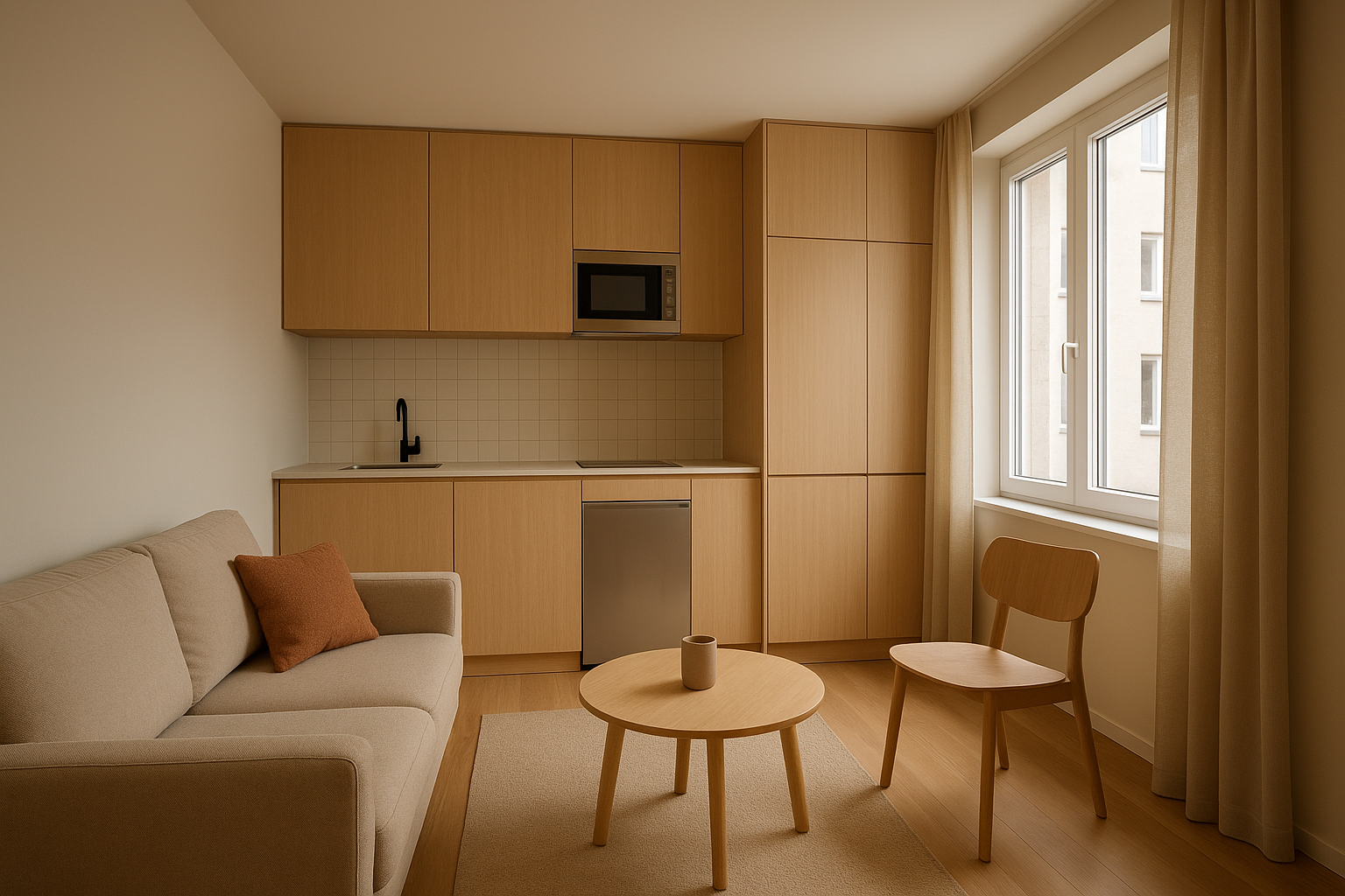 Finished interior of a converted junior ADU with built-in kitchenette and natural lighting