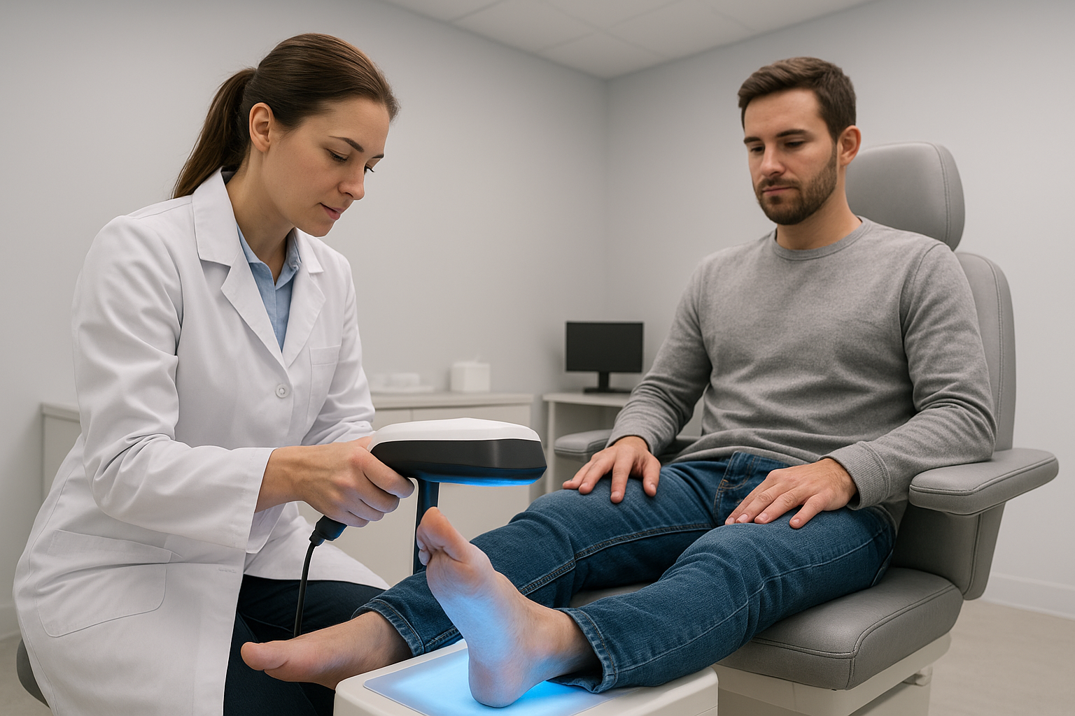 Podiatrist performing a 3D foot scan to create custom orthotics for a patient