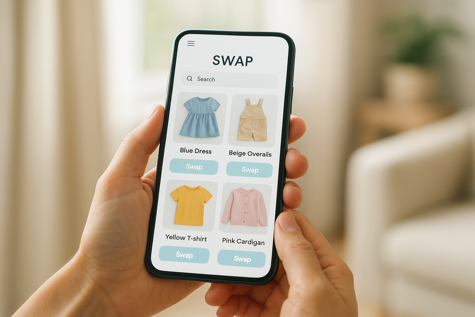 Parent using a smartphone app to browse kids clothing available for an online fashion swap