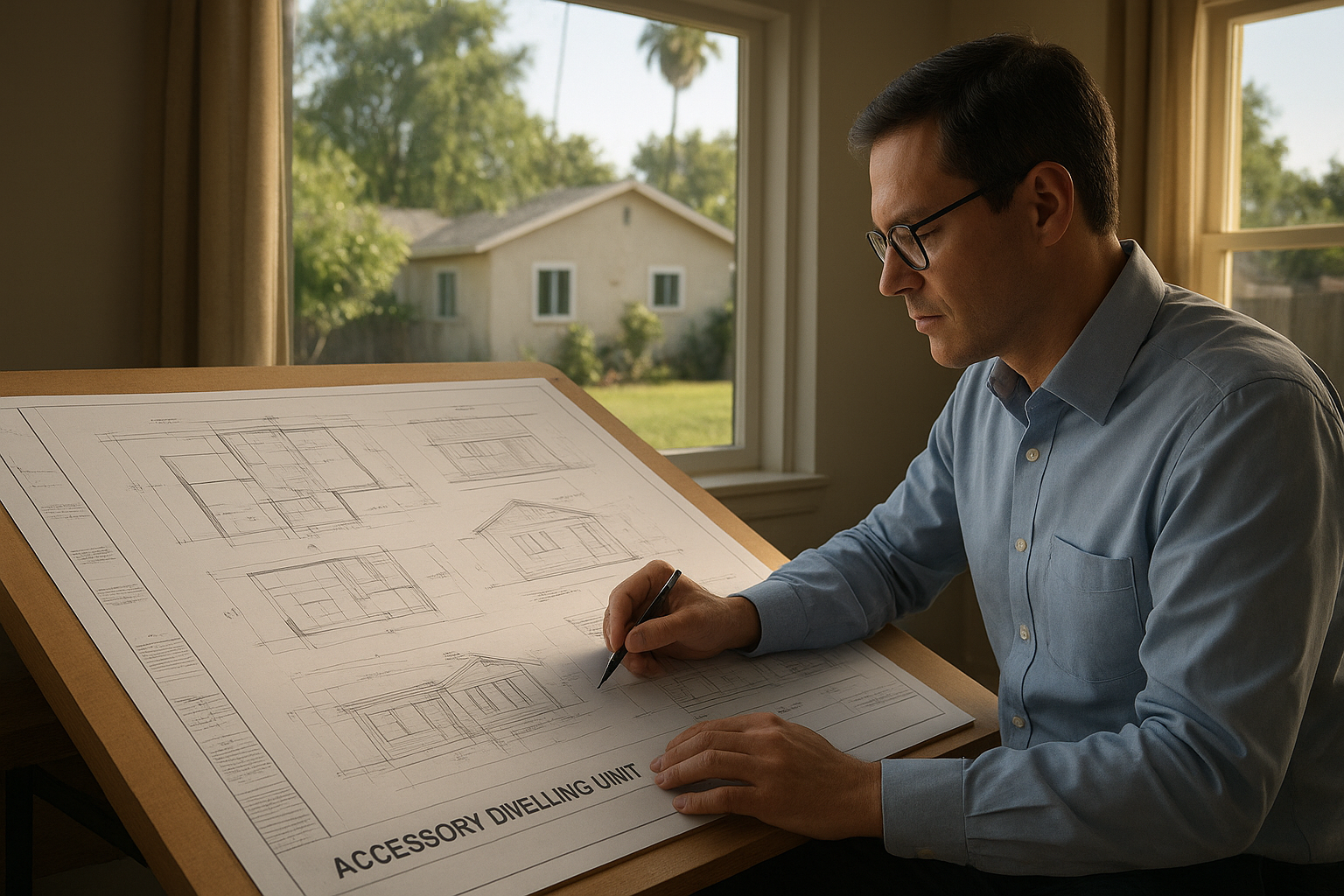 Architect reviewing site-specific ADU plans for a Los Angeles property