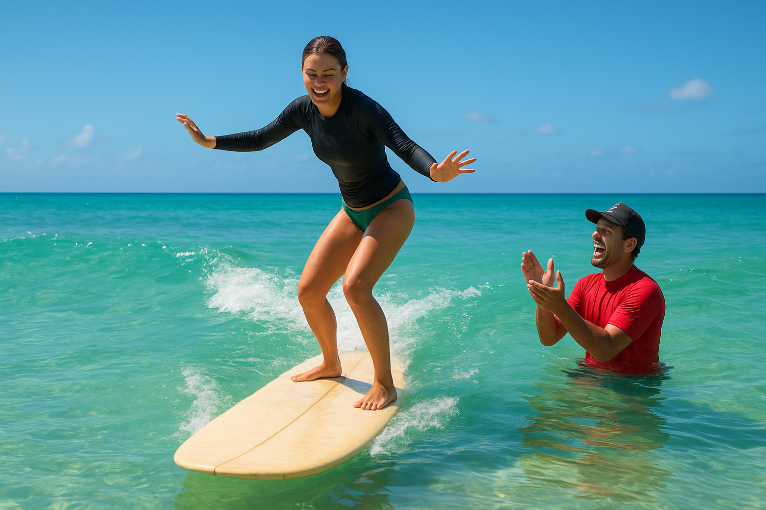 Beginner surfer standing on a longboard during a redeemed Hawaii surf lesson gift certificate