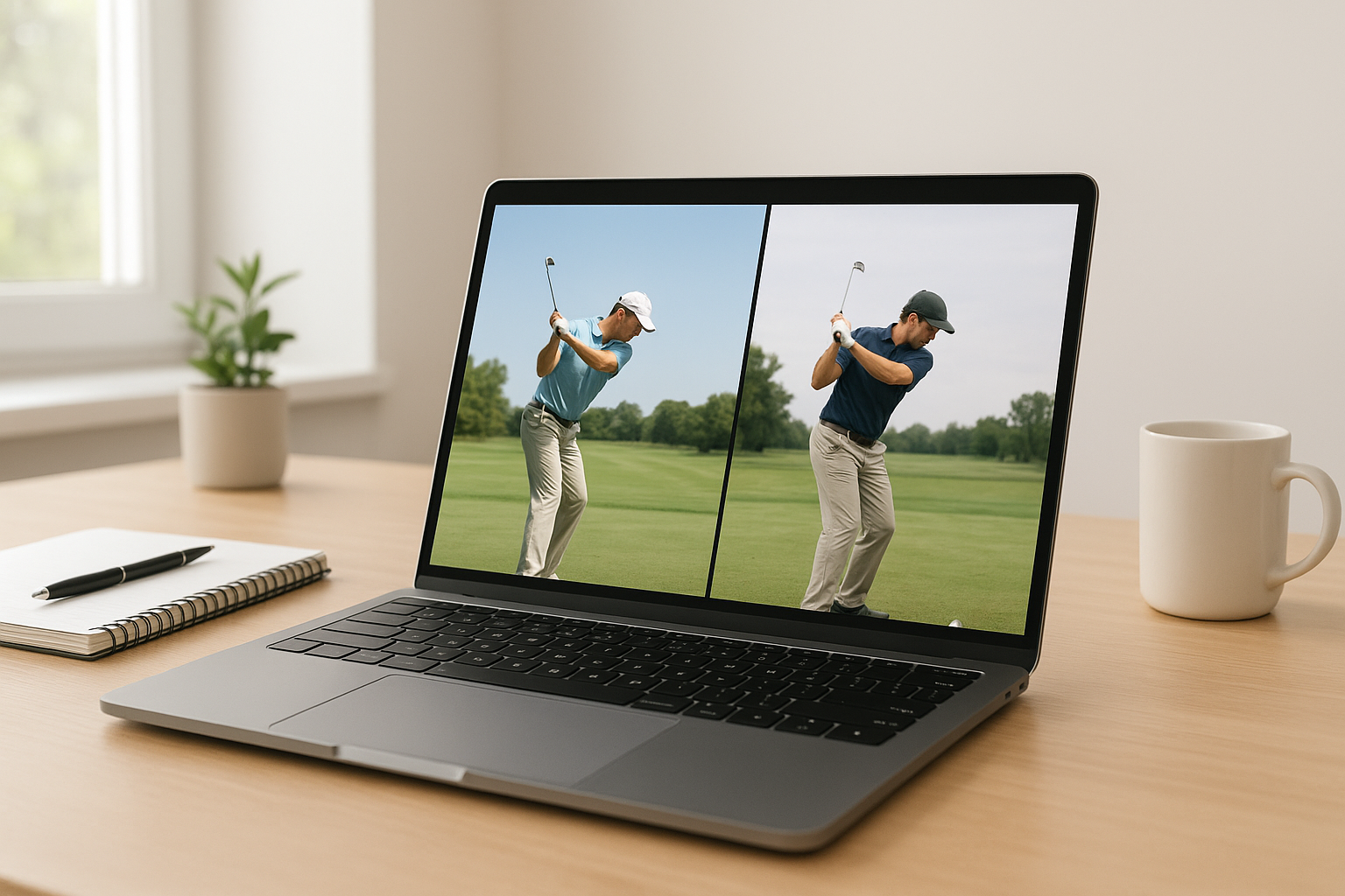 Laptop screen showing remote golf coach reviewing swing video for high-level golf training