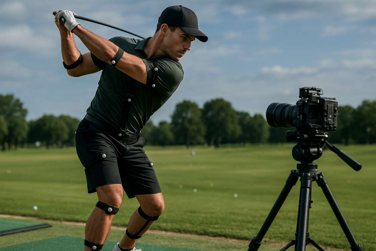 Competitive golfer using motion capture sensors during swing analysis for serious golfers