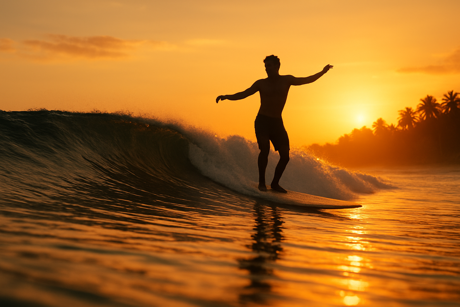 Surfer riding a longboard on a clean peeling wave at a Waikiki-style tropical surf break during golden hour