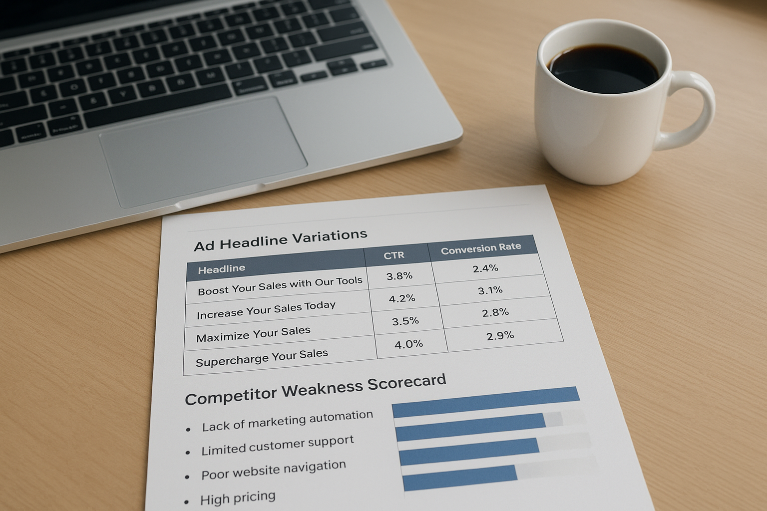 Monthly campaign report page showing ad headlines generated from competitor review weaknesses