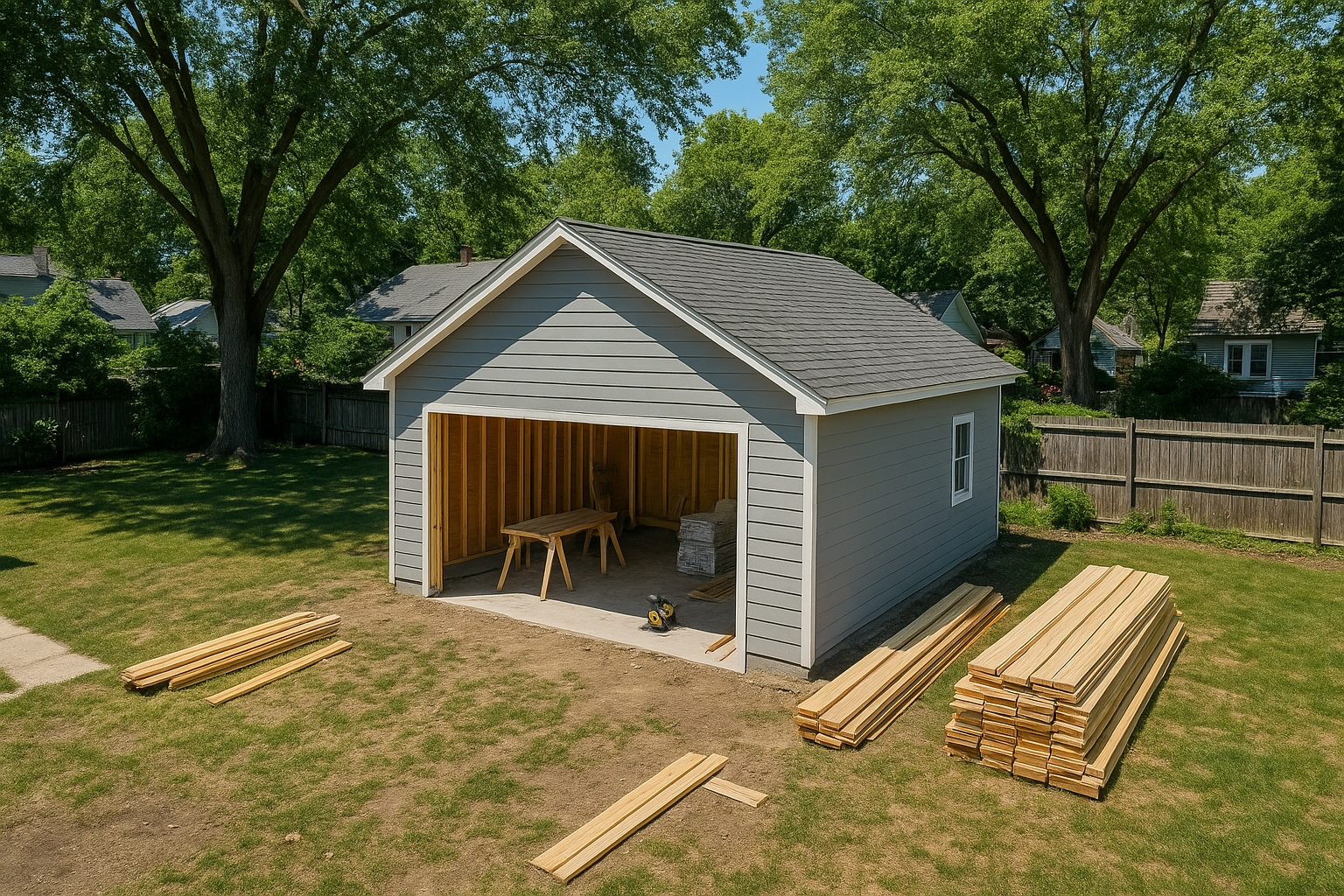 Aerial view of a detached two-car garage ADU conversion project in a suburban backyard
