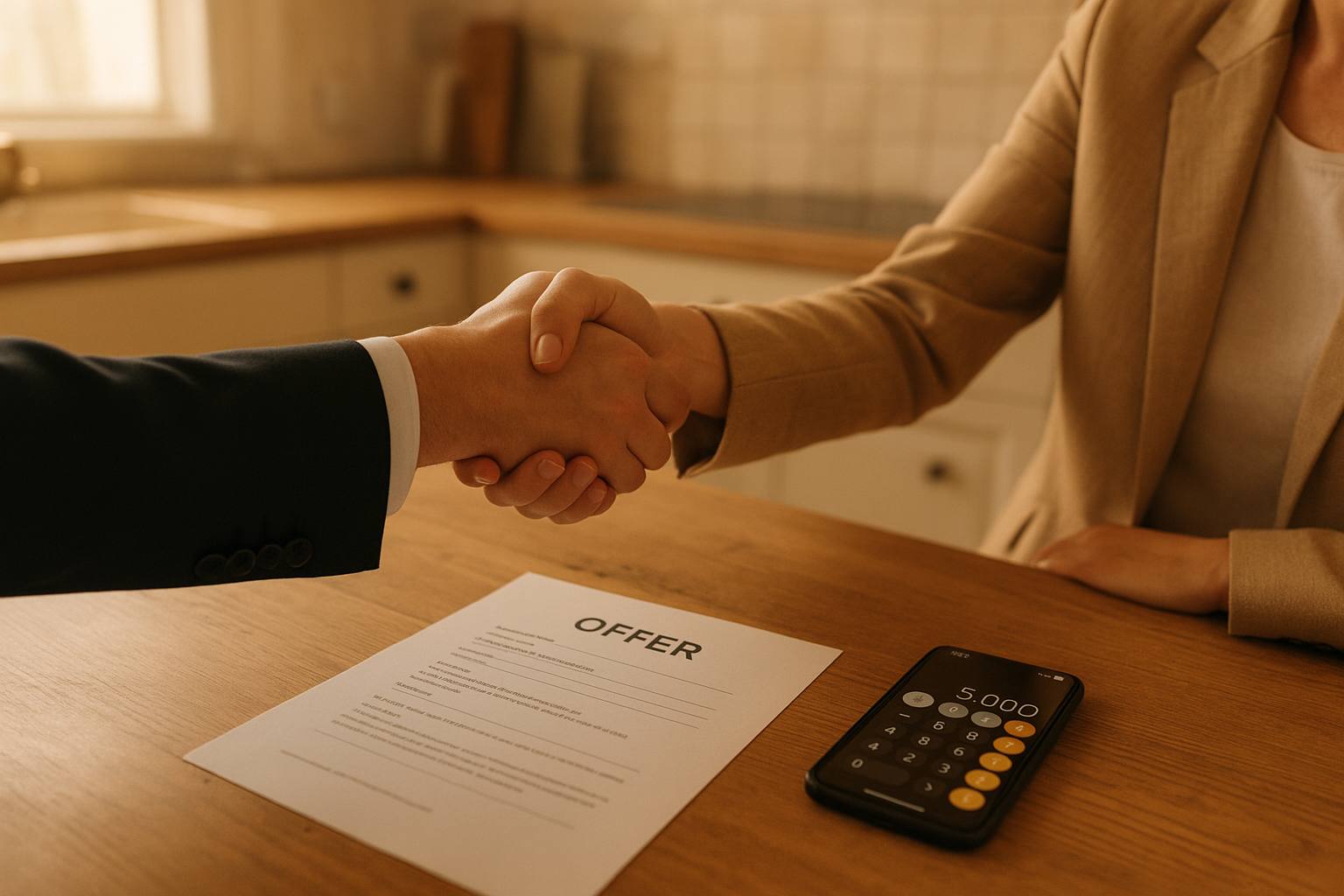 Investor and seller finalizing a wholesale offer generated from a property deal calculator