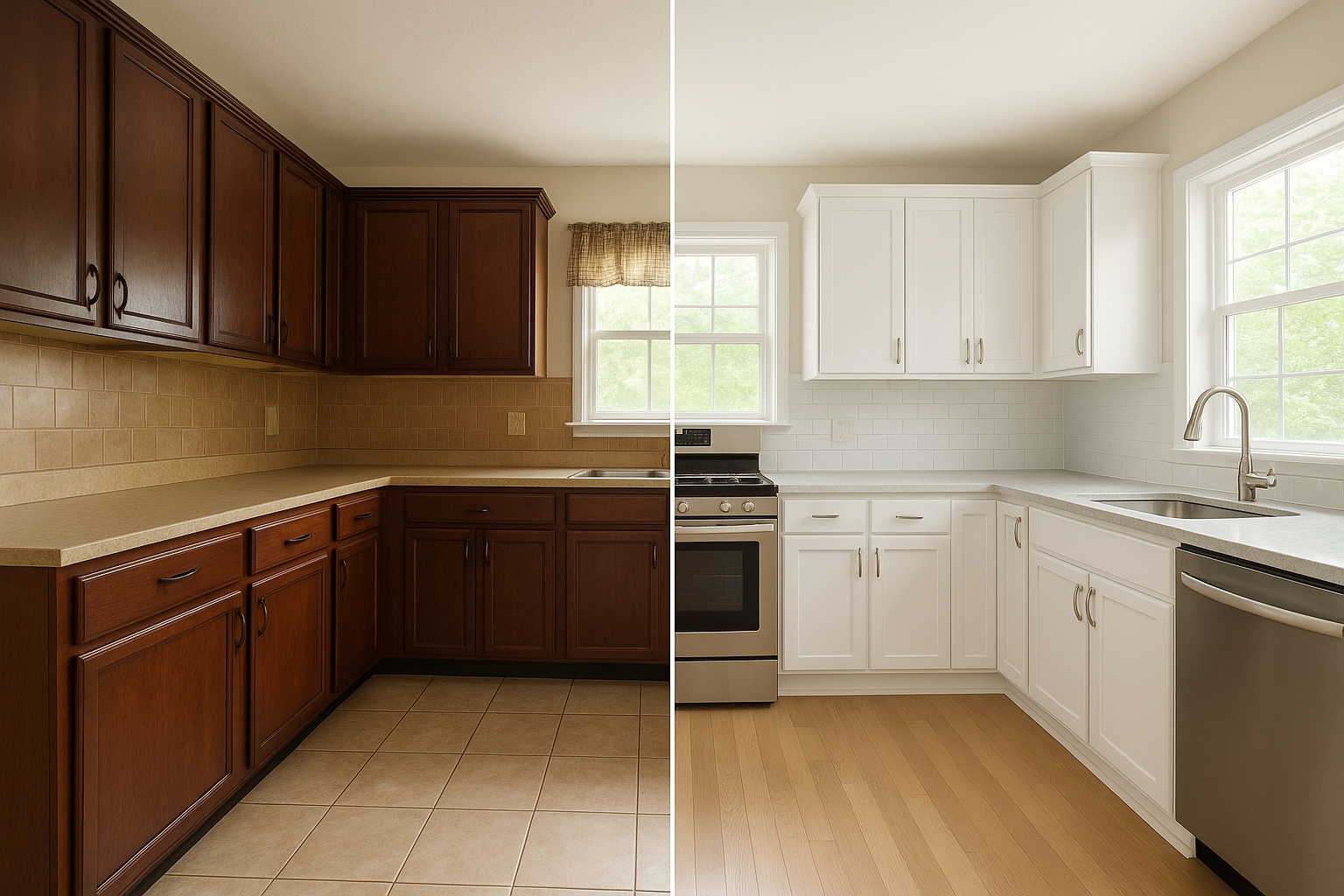 Before and after comparison illustrating affordable kitchen upgrades through cabinet refacing