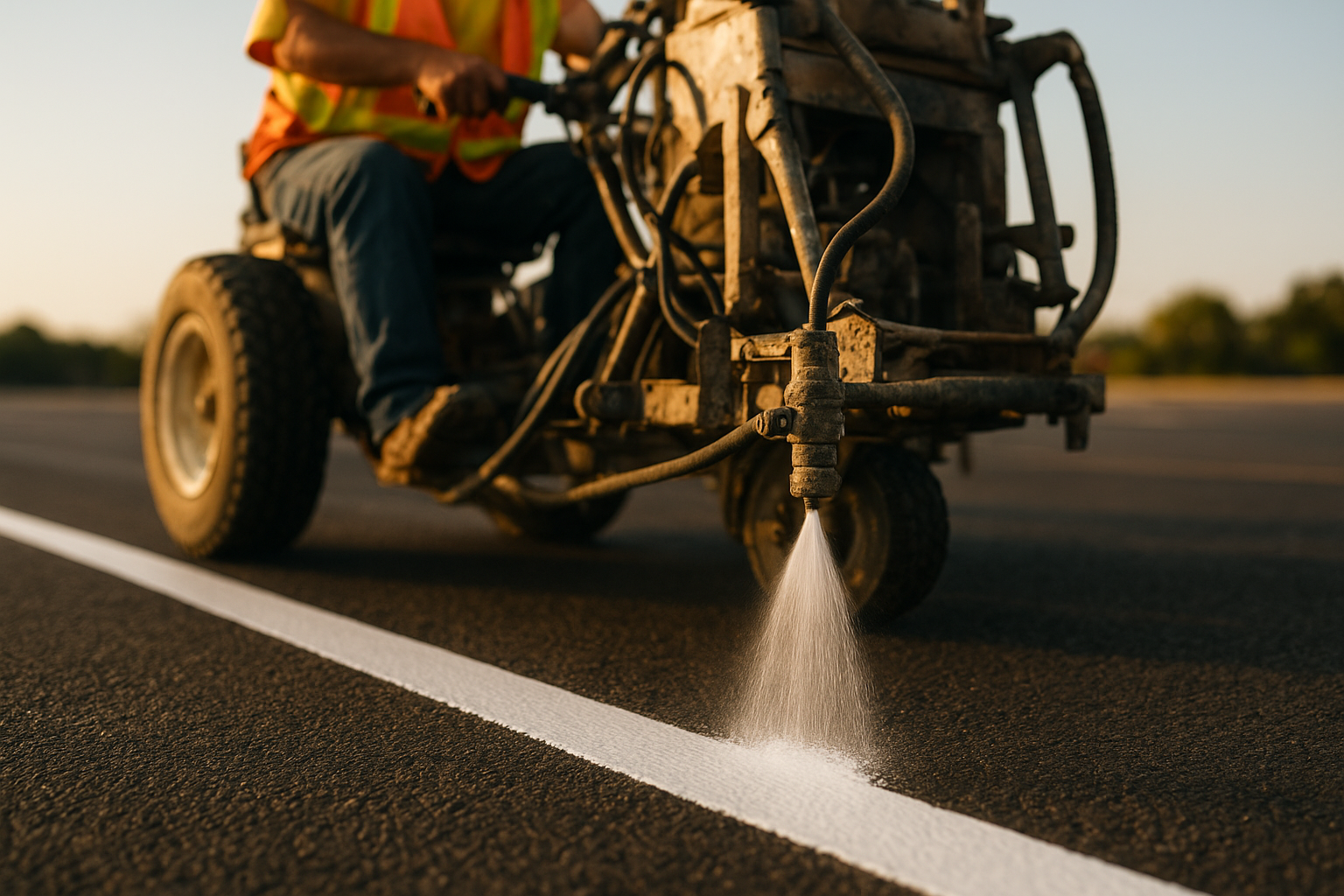Parking lot striping machine applying white line markings to asphalt during a professional striping service