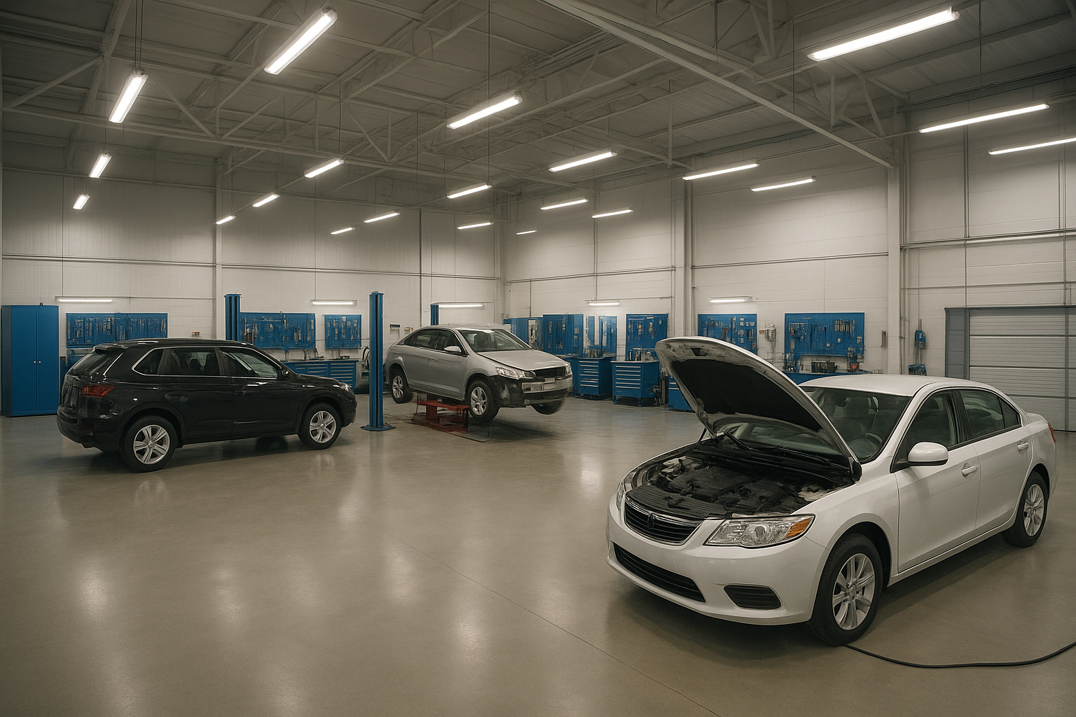 Modern auto body repair shop interior with certified technicians working on vehicles for fast same day repairs