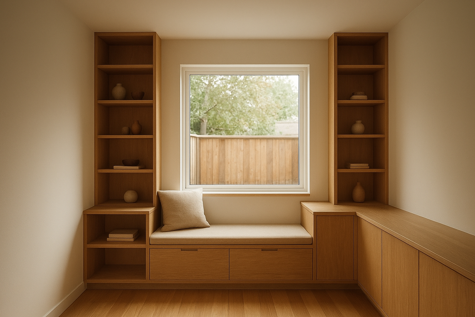 Garage conversion ADU interior featuring custom built-in cabinetry and shelving