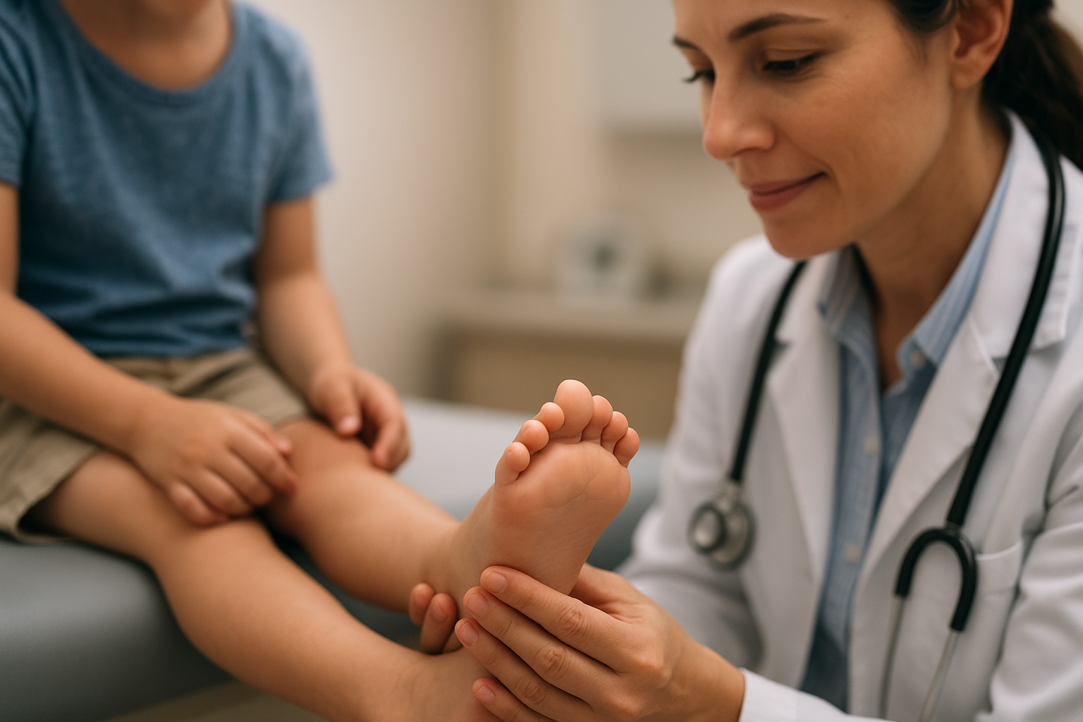 Podiatrist examining a child's foot before fitting children's custom orthotics
