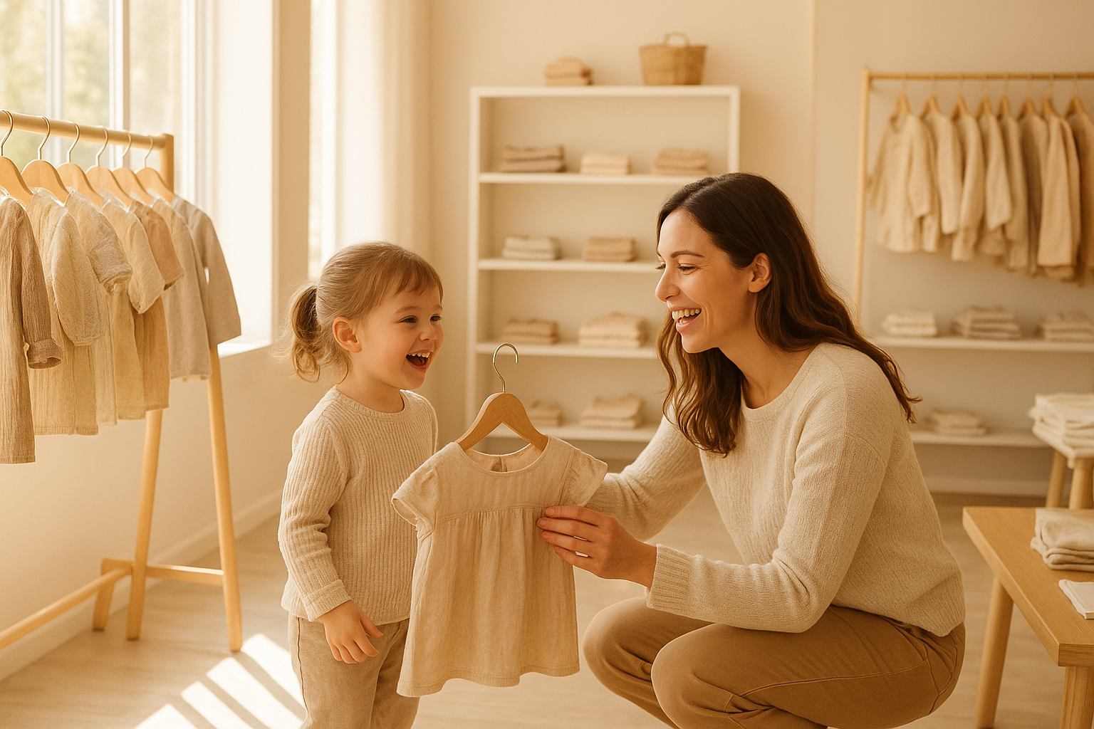 Parent and child browsing high-quality children's clothing in a modern boutique