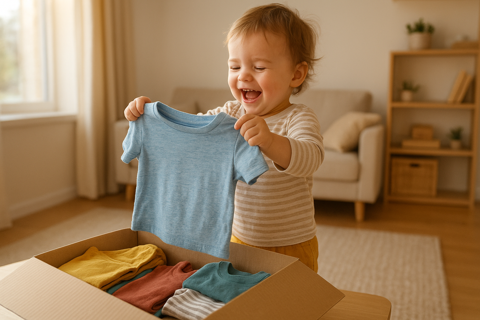 Toddler trying on new clothes delivered from a rotating kids wardrobe subscription box