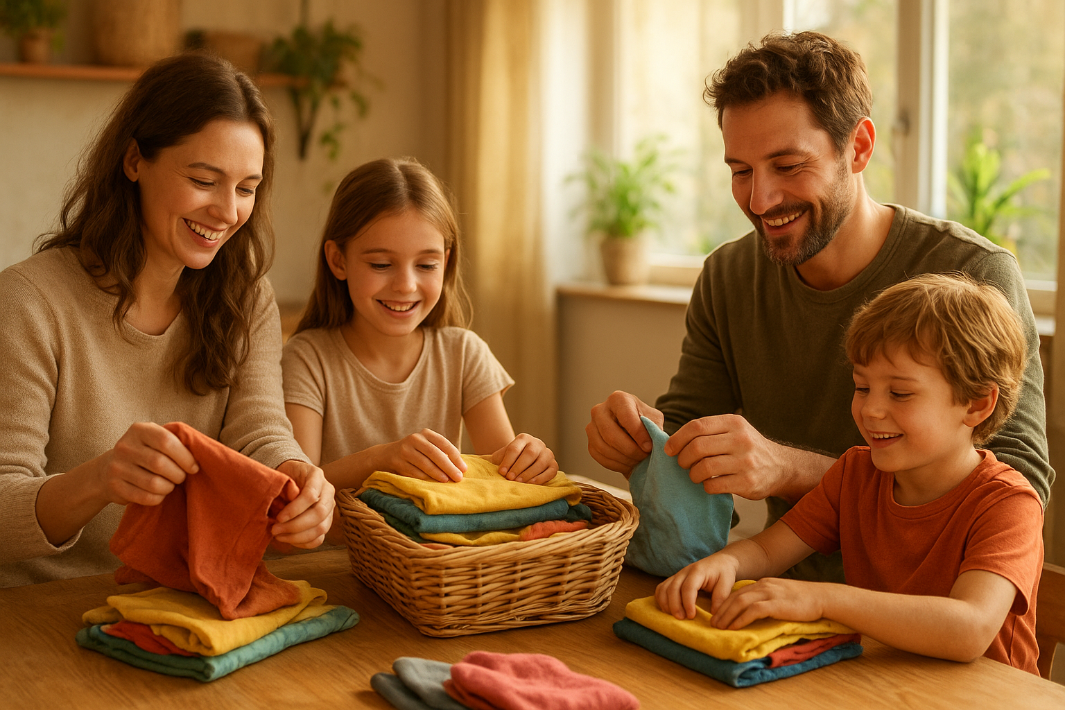 Family sorting eco-conscious family clothing together at a wooden kitchen table
