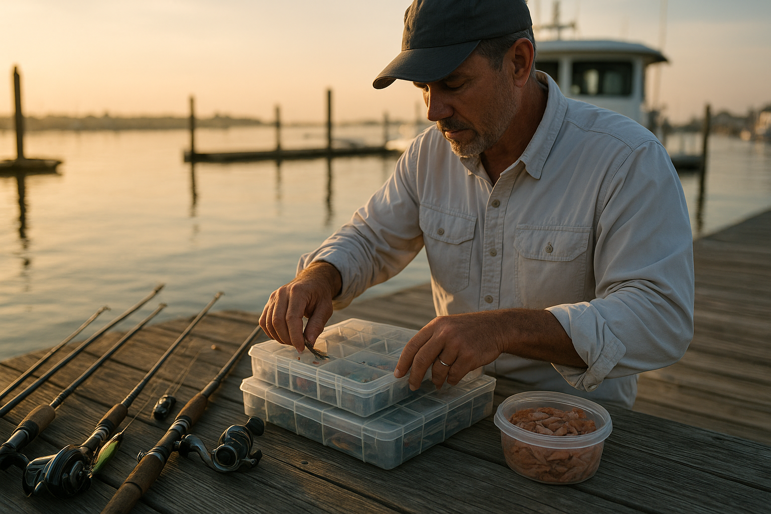 Charter captain preparing rods and tackle before a Myrtle Beach deep sea fishing trip
